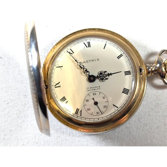 1950s Nastrix 17 Jewels Incabloc Hunter Pocket Watch gold toned metal WORKS, - Picture 6 of 10